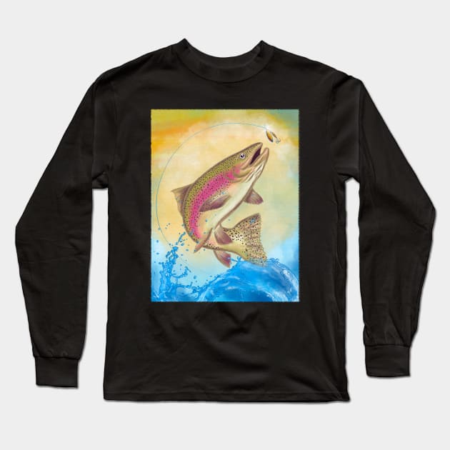 End Of The Line // Rainbow Trout Jumping Out Of Splashing Water // With Lure at Sunset // Fish On! Long Sleeve T-Shirt by TheCore